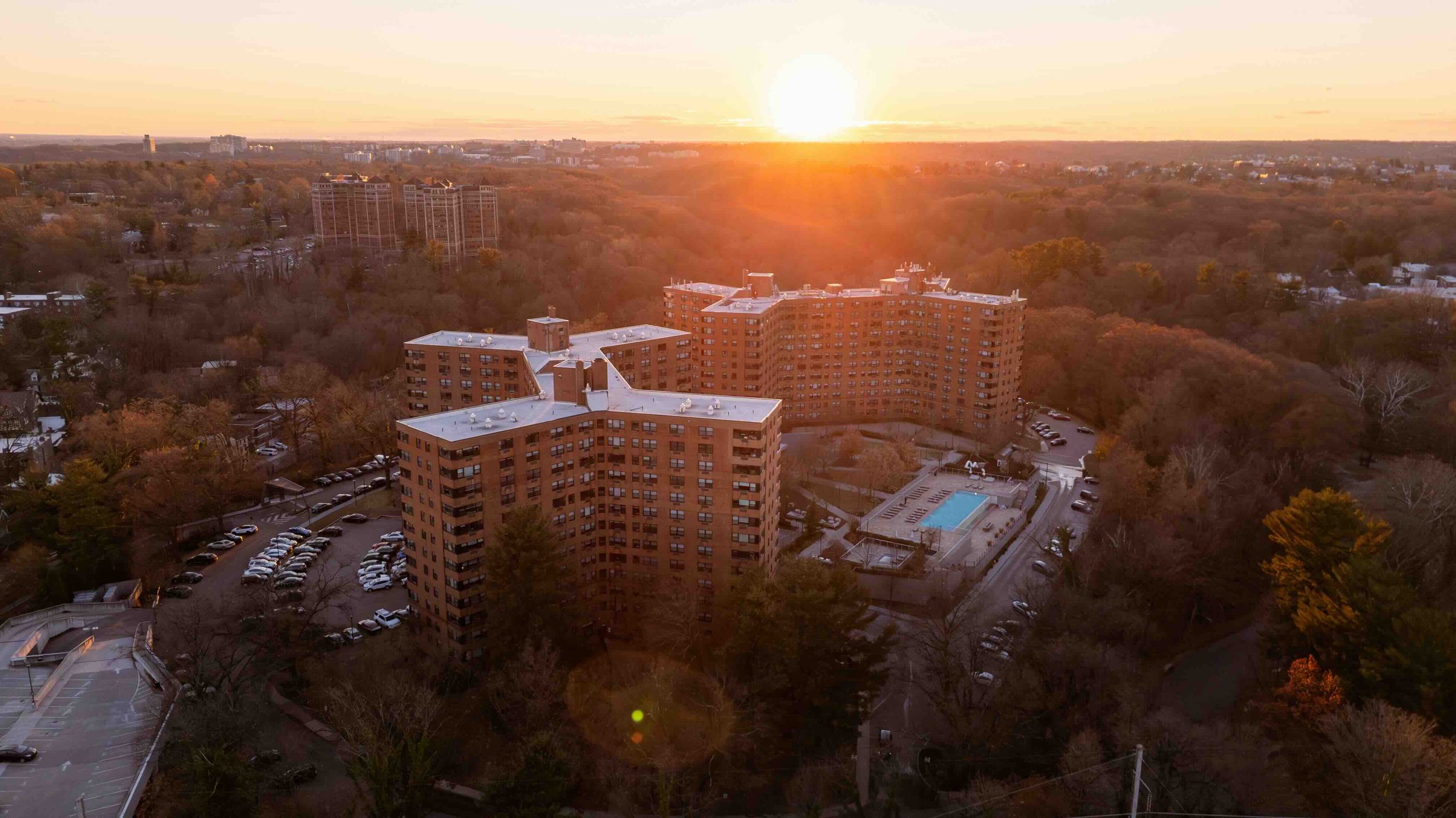 Aerial cityscape at golden hour