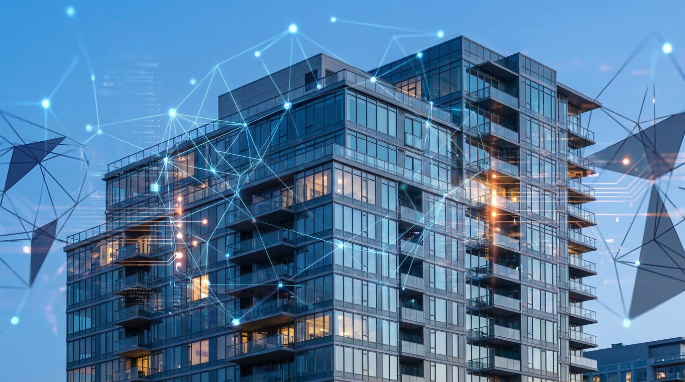 Modern apartment tower connected by an AI data network