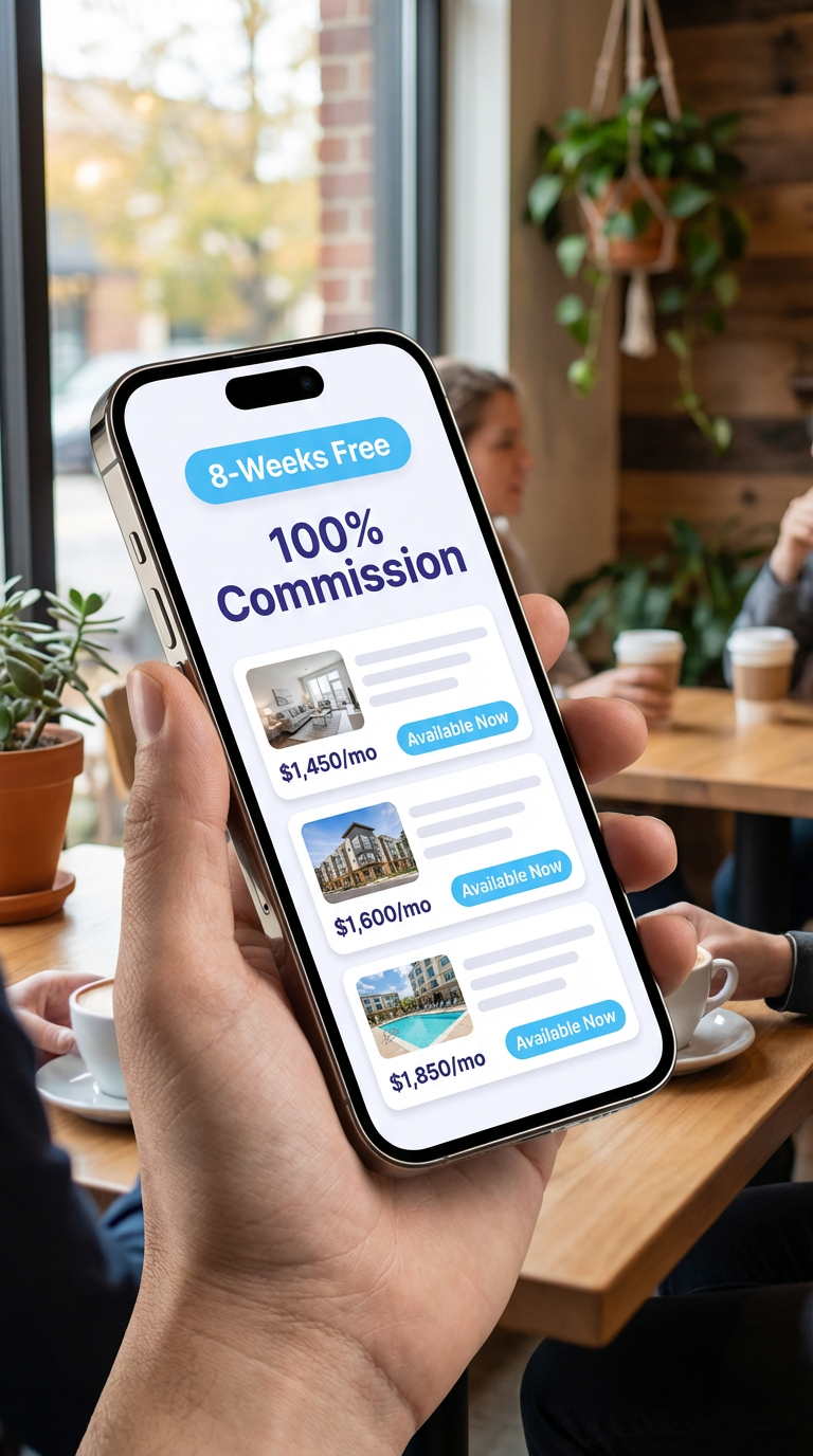 Smartphone showing the AustinAI Hot Sheet with 8-Weeks Free and 100% Commission badges